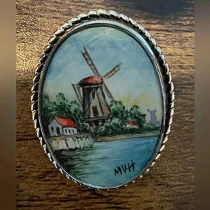 VINTAGE: Windmill painting brooch